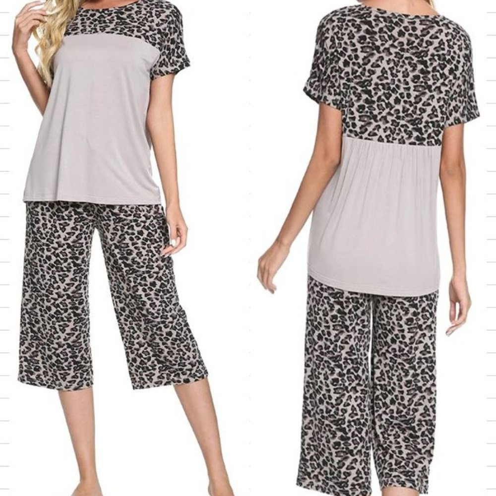Women's Leopard Short Sleeve Top Splicing Short Sets Pajama Sleepwear- Large